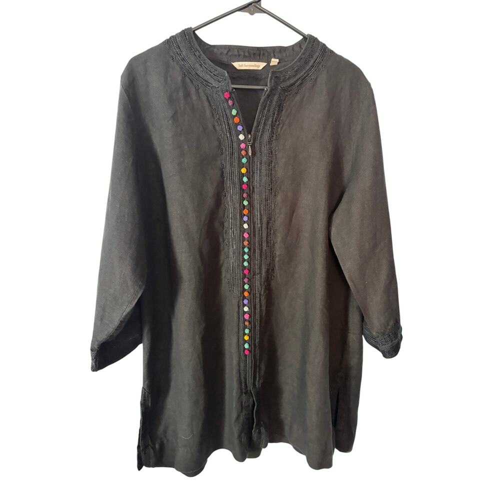 Soft Surroundings Desert Tunic 1X 100% Linen Embroidered Zip Front Boho Artisan